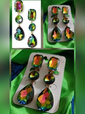 🔥NWT Chandelier Iridescent Multicolor Triple Teardrop Dangle Earrings 3"